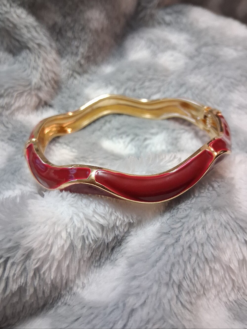 Gold-Tone Red Enamel Wave Bangle Bracelet